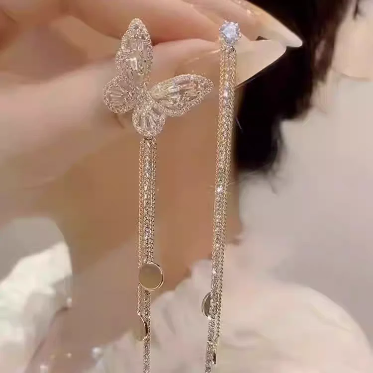 铜合金合成锆石耳饰 蝴蝶不对称时尚优雅流苏耳环长款ins轻奢小众