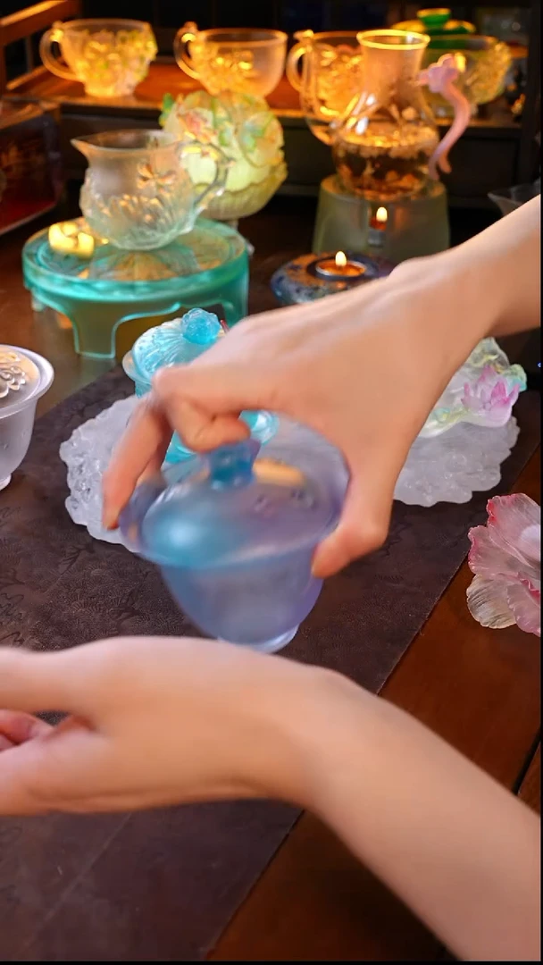 手工艺品琉璃L***a蓝紫色云水间盖碗1只