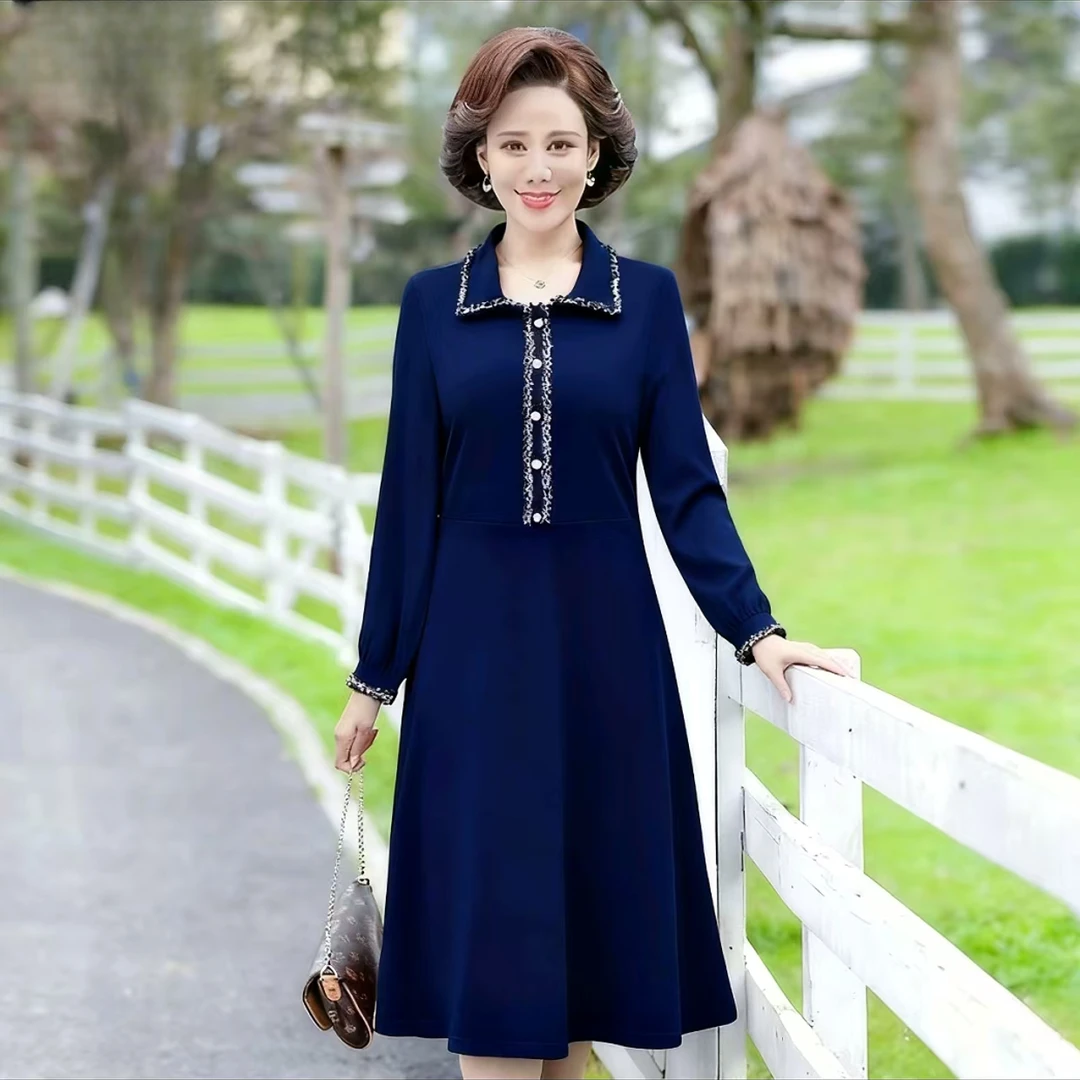 11507-妈妈装连衣裙秋季长袖纯色中老年女装妈妈装连衣裙【六楼】