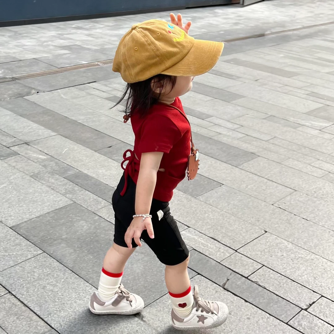 现货小惜亦夏季韩版童装女童红色镂空短袖黑色骑行裤宝宝萌娃穿搭