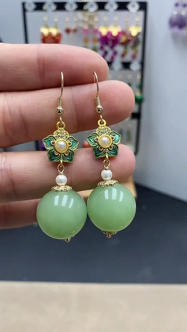 【闪购商品】和田玉耳饰银S925镀金镶嵌尺寸18mmQ1