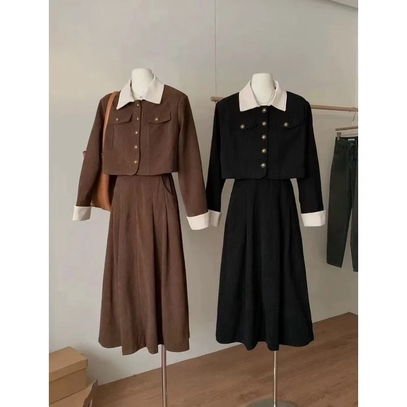 大码法式气质开衫短外套显瘦高腰半身裙套装女99650#