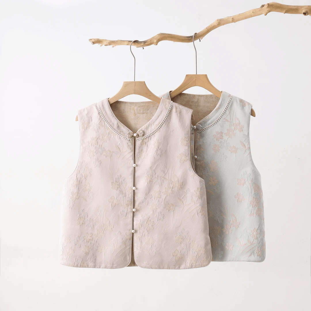 2025秋冬级两面穿织锦钉珠圆领新中式女装马夹百搭文艺国风马甲