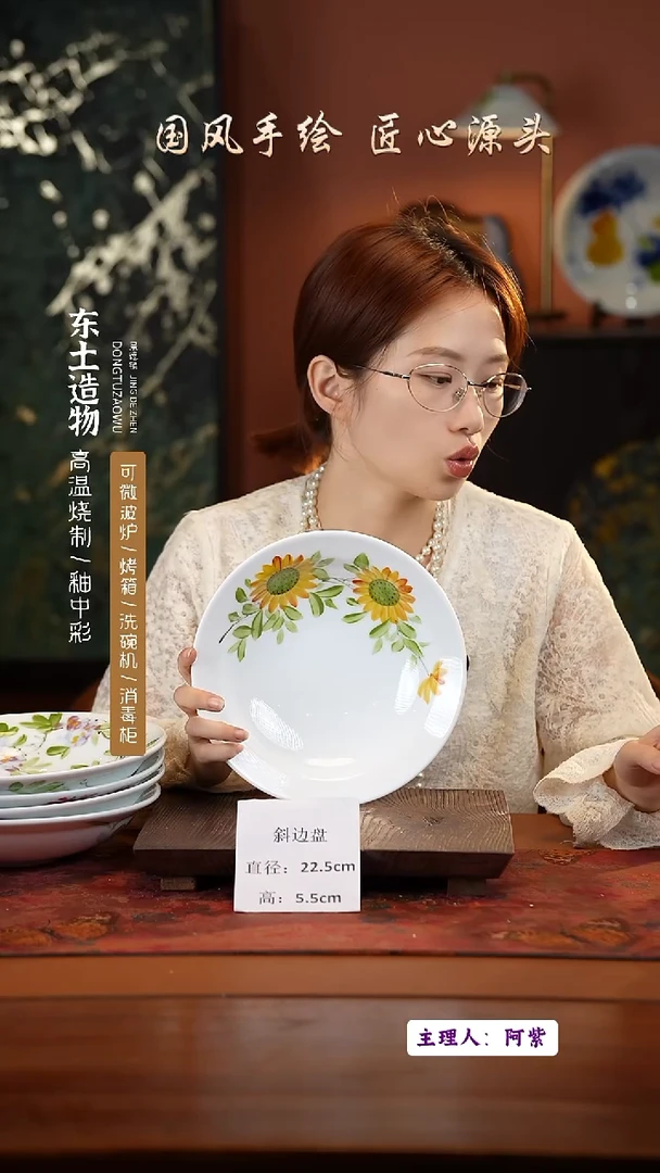 陶瓷景德镇釉中彩餐具斜边盘直径22.5高5.5