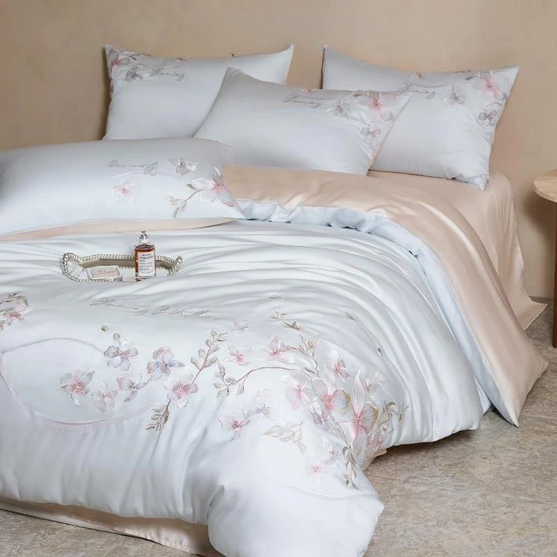 轻奢60支兰精天丝碎花刺绣床上四件套夏季丝滑裸睡高级感被套床单