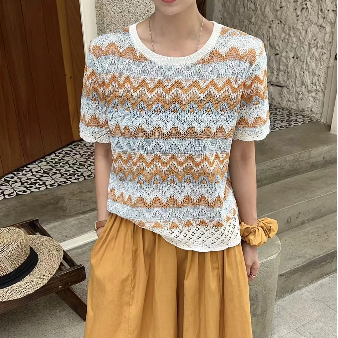 欧洲站2025夏新款欧货撞色波浪纹镂空下摆花边冰丝针织短袖套头衫