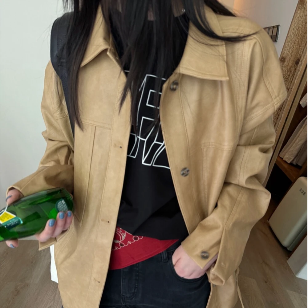 NO退NO换  做旧翻领皮衣春秋韩版短外套