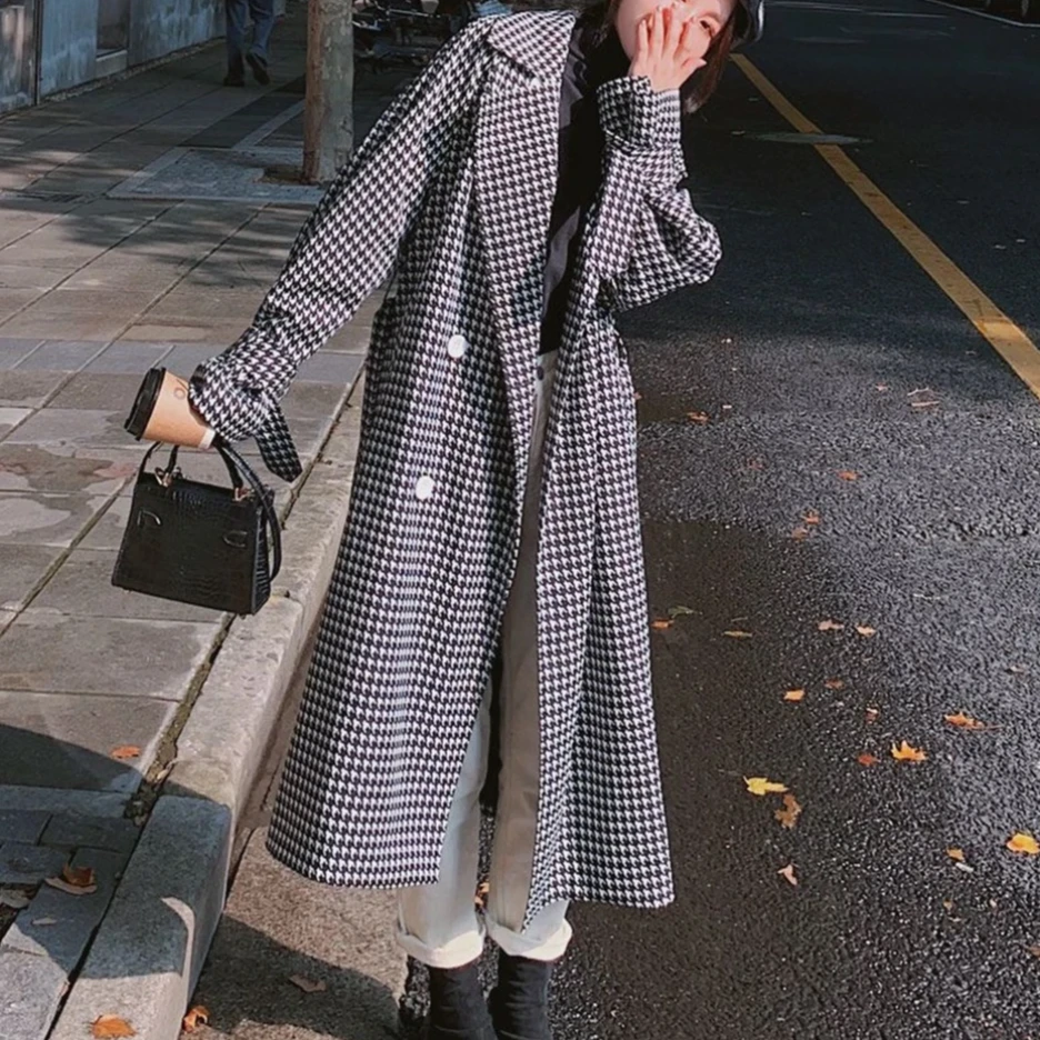 D21韩版复古格子风衣千鸟格西装领薄款格子常规款长款