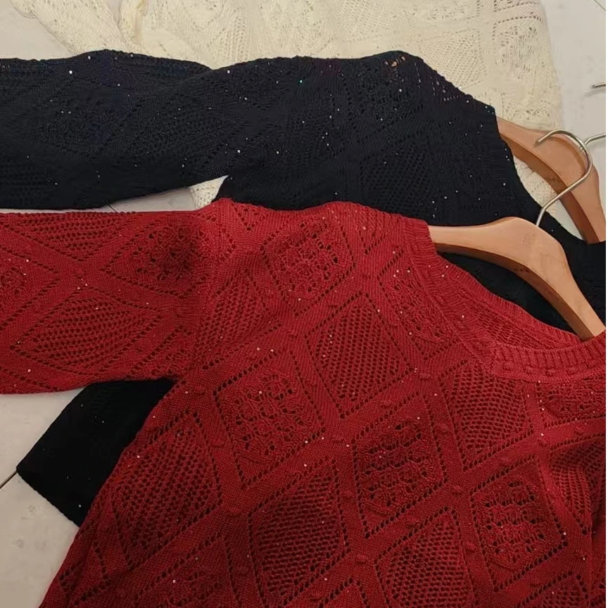 【锦衣服饰】2543新款百菱形格镂空亮晶晶针织衫