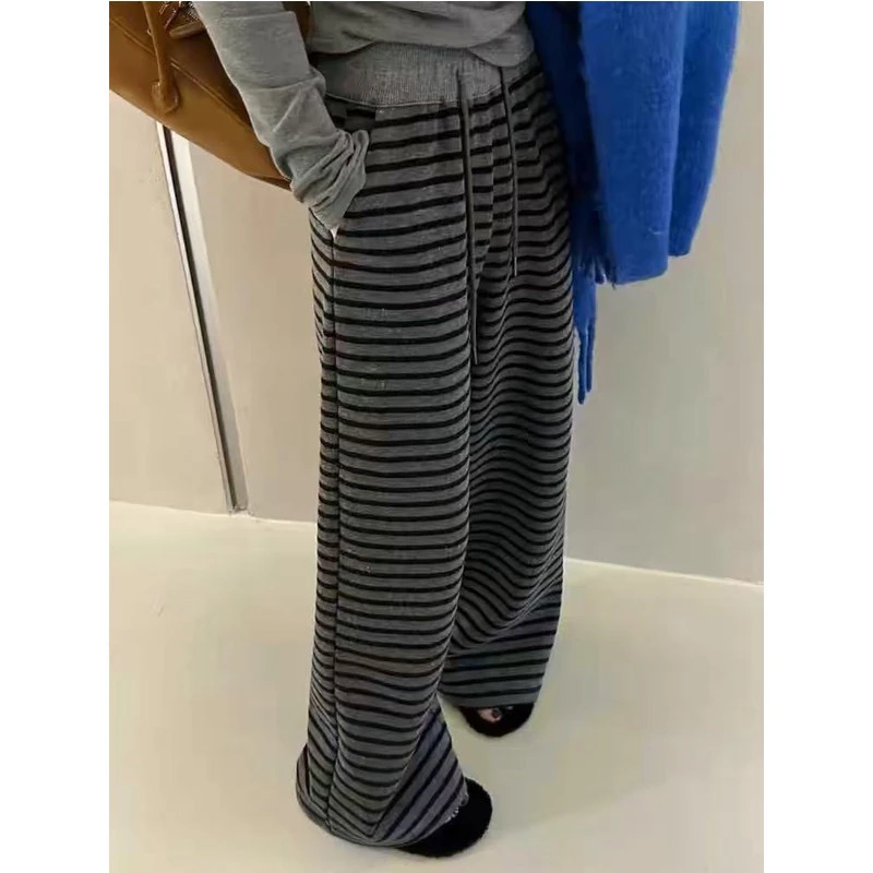 拖地条纹裤子2025冬季新款高品质保暖阔腿直筒休闲长裤女