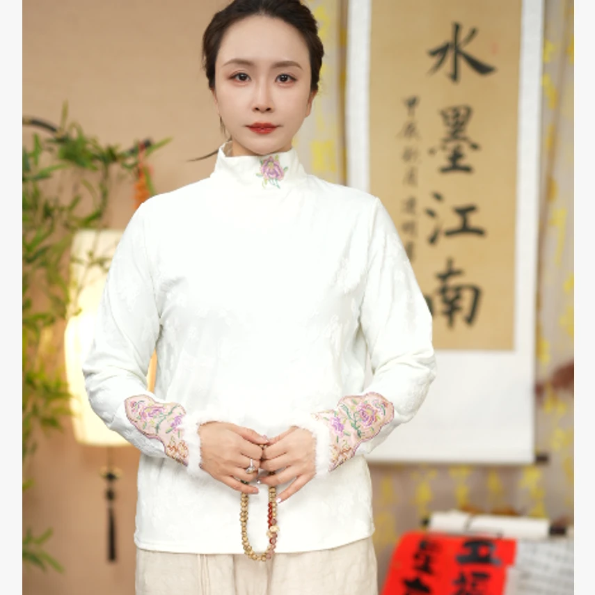 水墨江南-【晓星】新中式复古立领上衣秋冬刺绣提花加绒打底衫9512