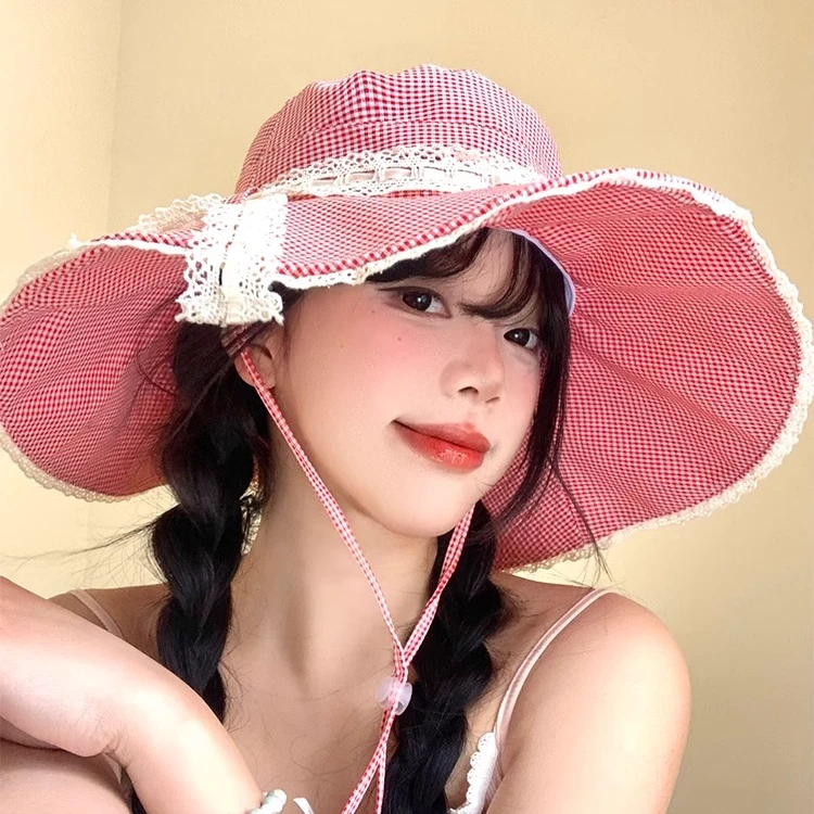 格纹蕾丝蝴蝶结渔夫帽女春夏季防紫外线遮阳防晒帽大帽檐太阳帽子