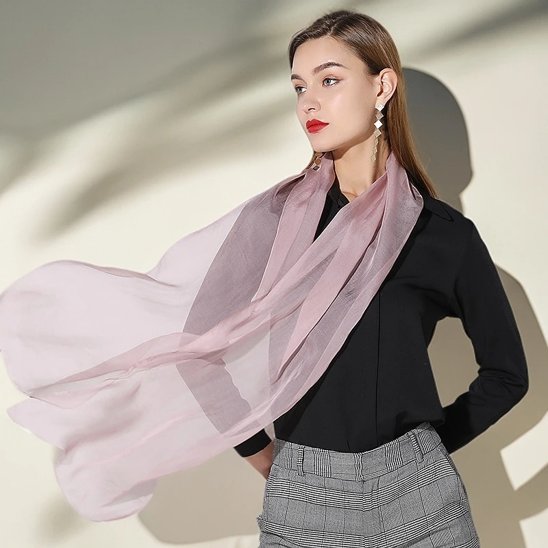 品牌高档100%桑蚕丝180*30cm真丝薄款丝巾纯色春秋纱巾多功能搭配