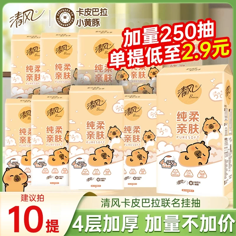 【10提送2个挂钩】清风挂式抽纸卡皮巴拉面巾纸4层挂抽250抽直播间