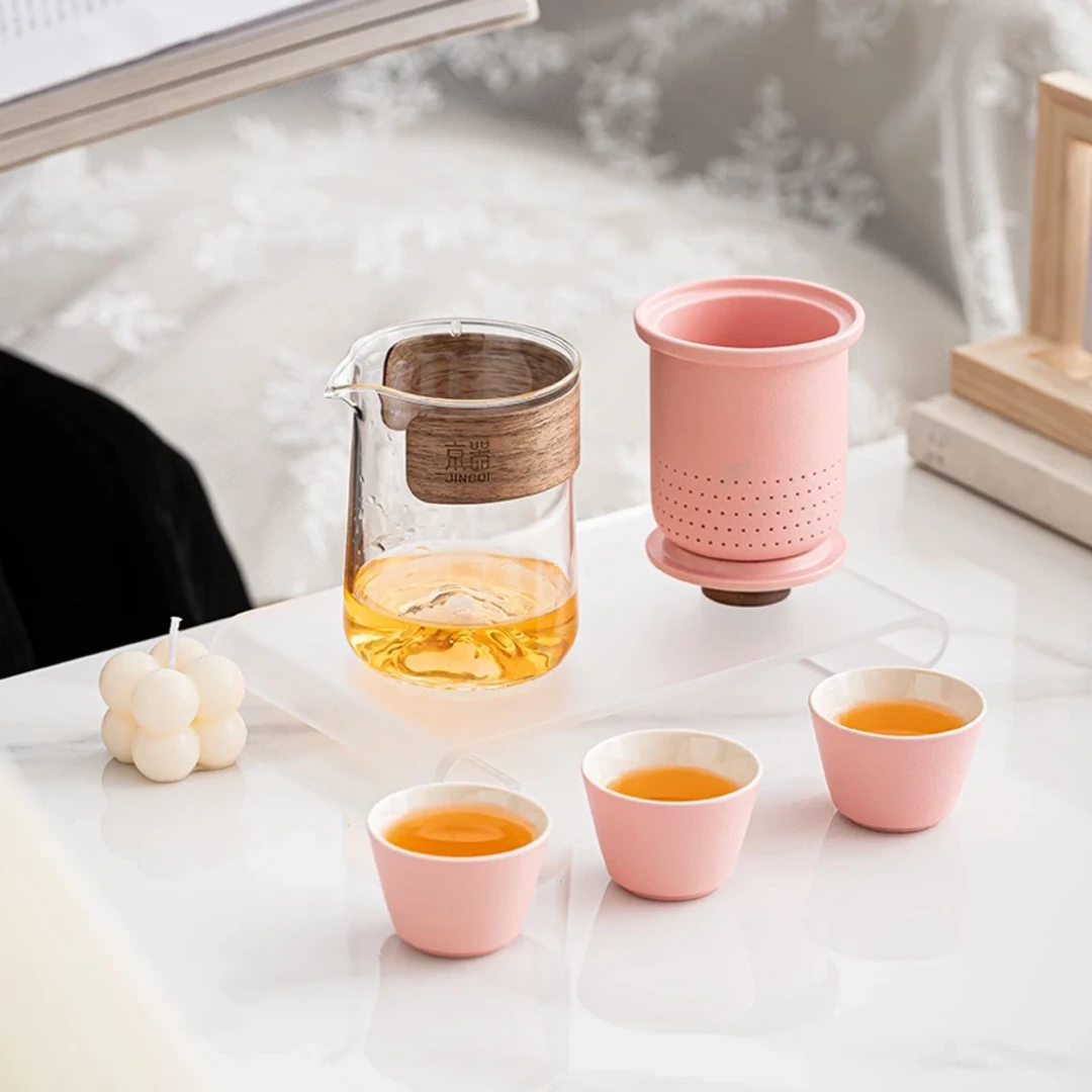【沉鱼】浪漫粉杯旅行茶具一壶三杯玻璃杯便捷式户外随行礼品-C034