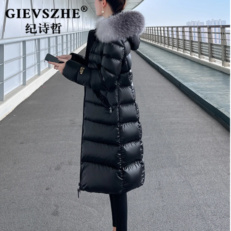 纪诗哲黑色羽绒服女中长冬季款韩版白鸭绒加厚真毛领连帽面包外套