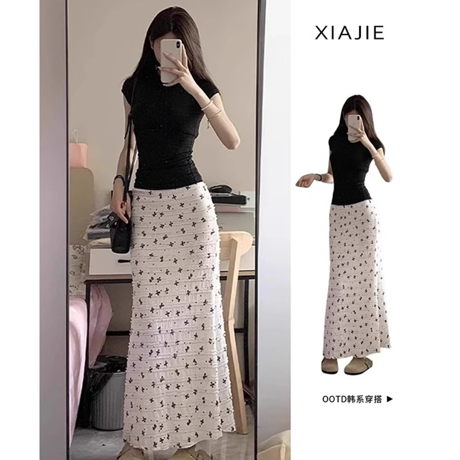 白色蕾丝半身裙子夏季新款小个子印花鱼尾蝴蝶结甜美可爱出游服装