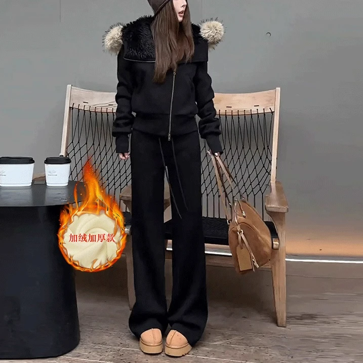 黑色休闲运动套装女秋冬减龄显瘦加绒加厚时尚毛领卫衣长裤两件套