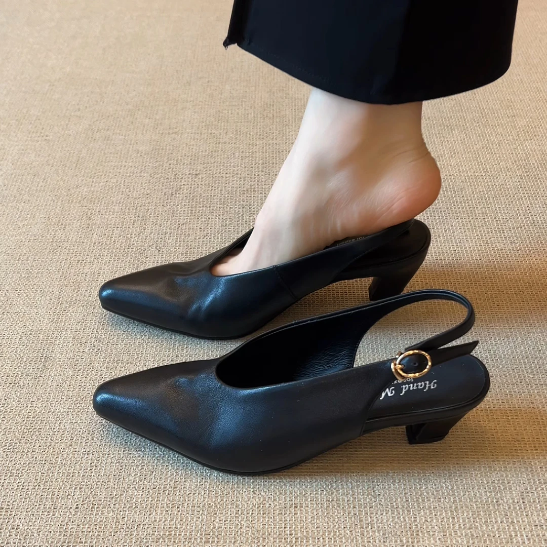 nnmiss•34-40/5cm纯色高跟鞋复古牛皮尖头后空包头凉鞋女士
