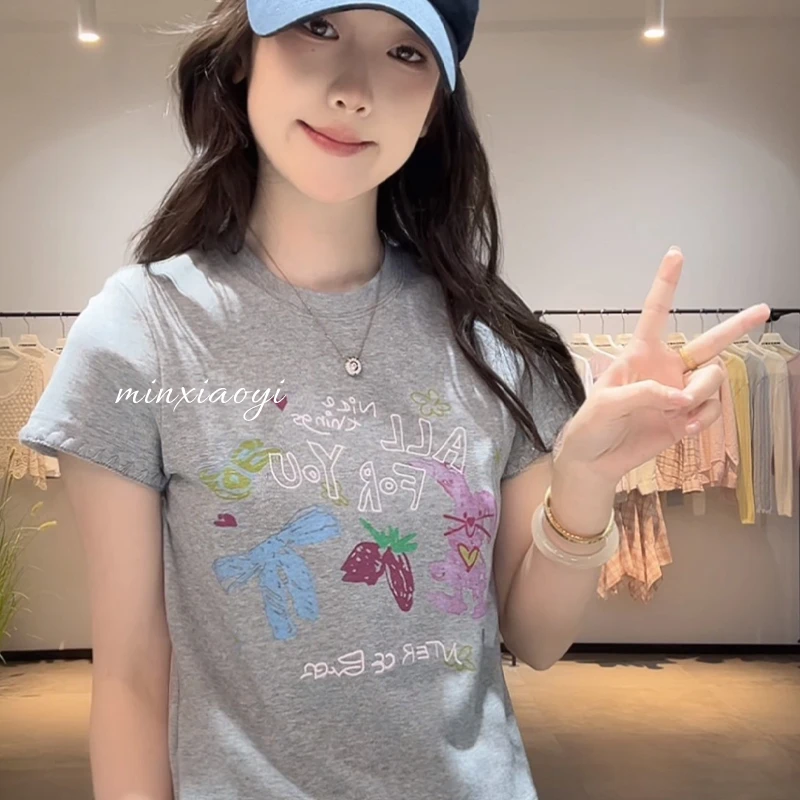 【闵笑一】可爱兔 夏季新款短袖T恤女宽松休闲百搭设计感上衣