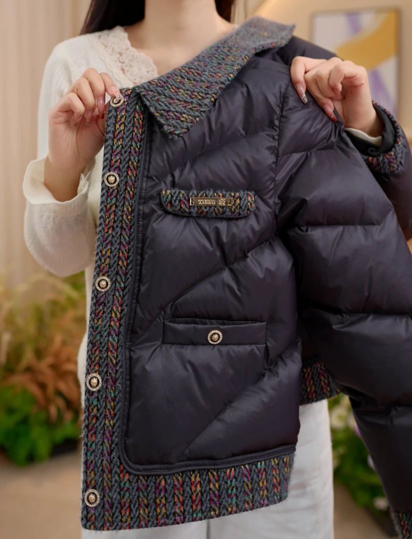 【KK】时黑色洋气百搭保暖拼接休闲羽绒服