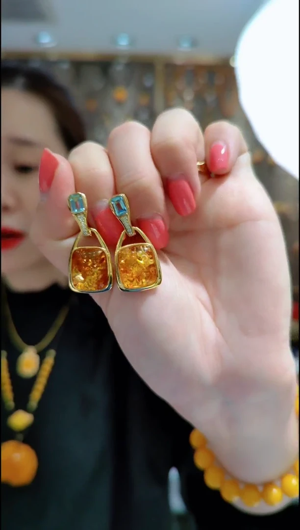 琥珀银S925镀金镶嵌珠宝奇石﹣G066琥珀耳坠