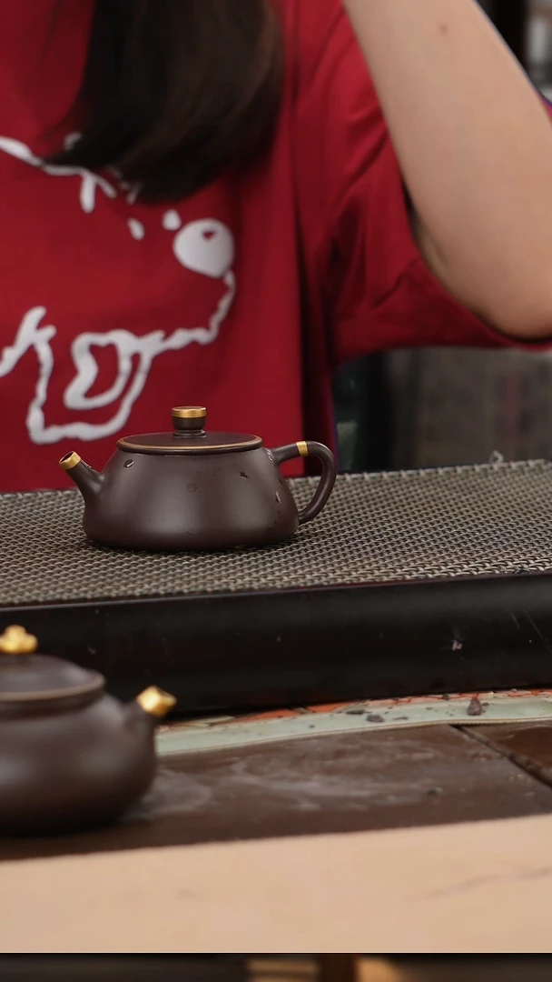 茶壶紫砂四号井茄皮紫泥描金平盖石瓢110cc