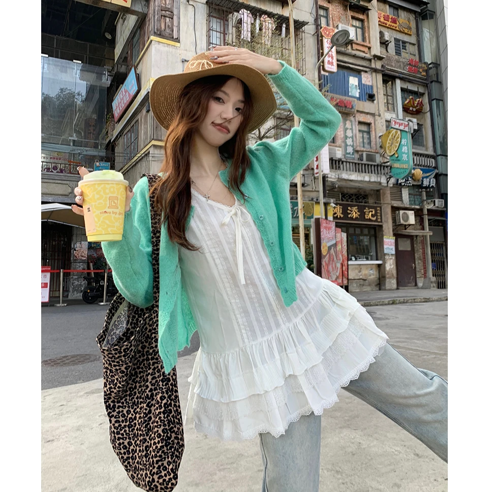 【~纯欲少女~】蕾丝蛋糕下摆无袖背心裙百搭叠穿小众吊带上衣女