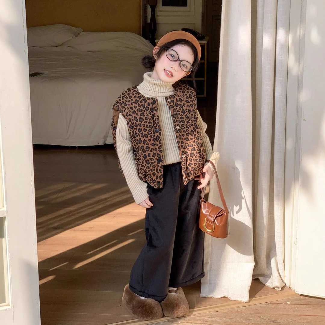 大橙子Studio女童2025秋冬新款洋气豹纹马甲韩系女宝棉服保暖套装