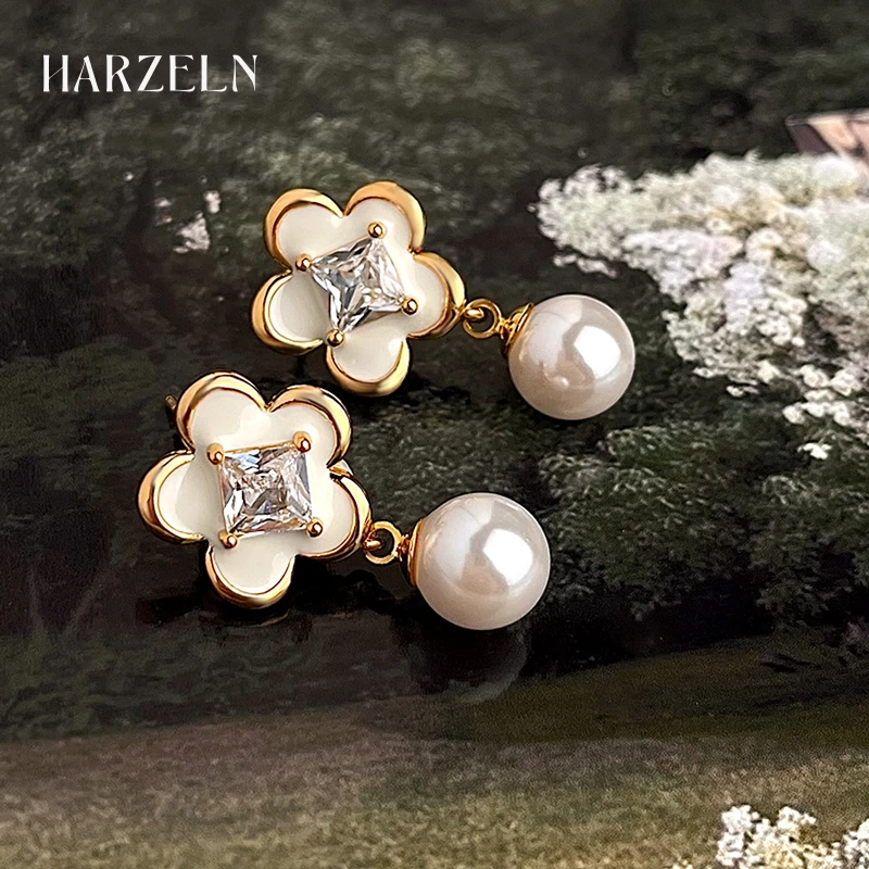 HARZELN925银针花朵耳钉耳夹 白色滴釉气质优雅高级小清新 女款