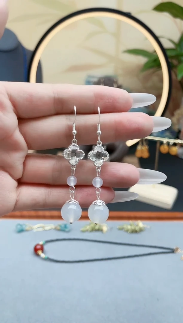 玛瑙/玉髓耳饰银S925镶嵌8896