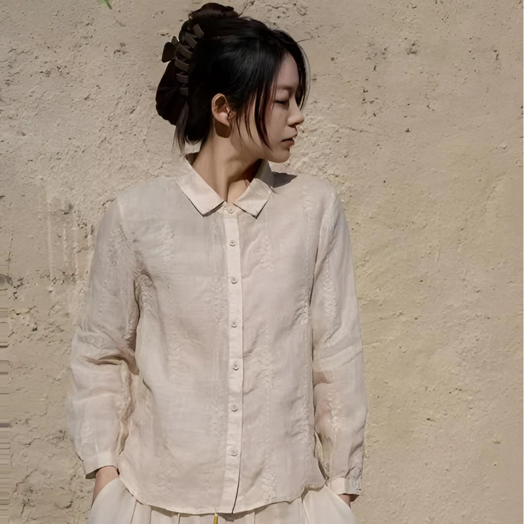 Yiwen【薄如蝉翼】2025春季新款苎麻满绣休闲百搭女士上衣1006