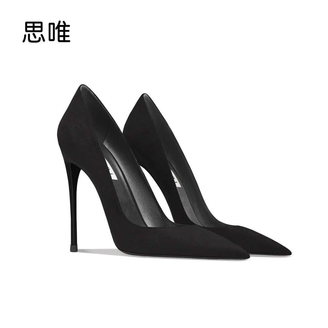 高跟鞋女2025年新款细跟黑色绒面轻奢小众高跟鞋女不累脚高级感