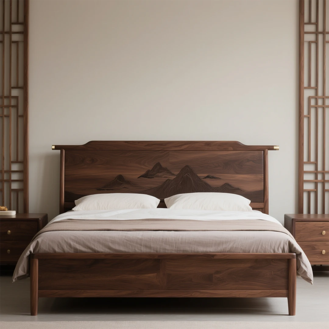 宋氏美学北美黑胡桃木床实木床新中式禅意主卧双人床婚床高级定制