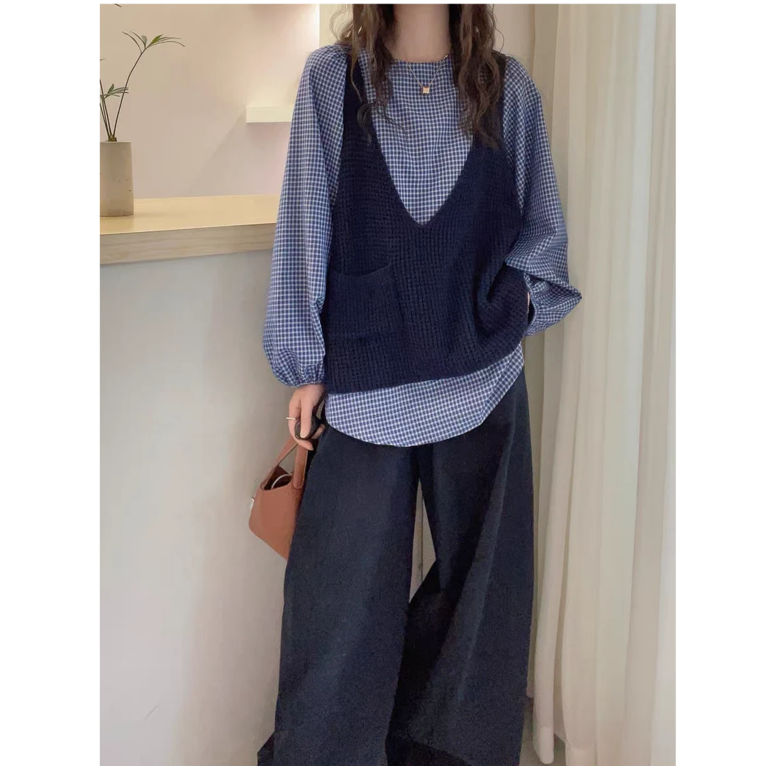 欧洲站2025早秋新款欧货针织背心格子长袖衬衫春秋衬衫两件套上衣