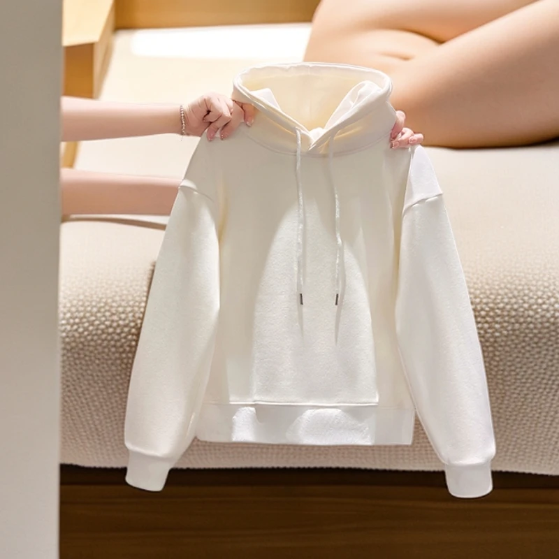白色连帽卫衣女春秋冬加绒2025新款纯色时尚休闲百搭螺纹长袖上衣