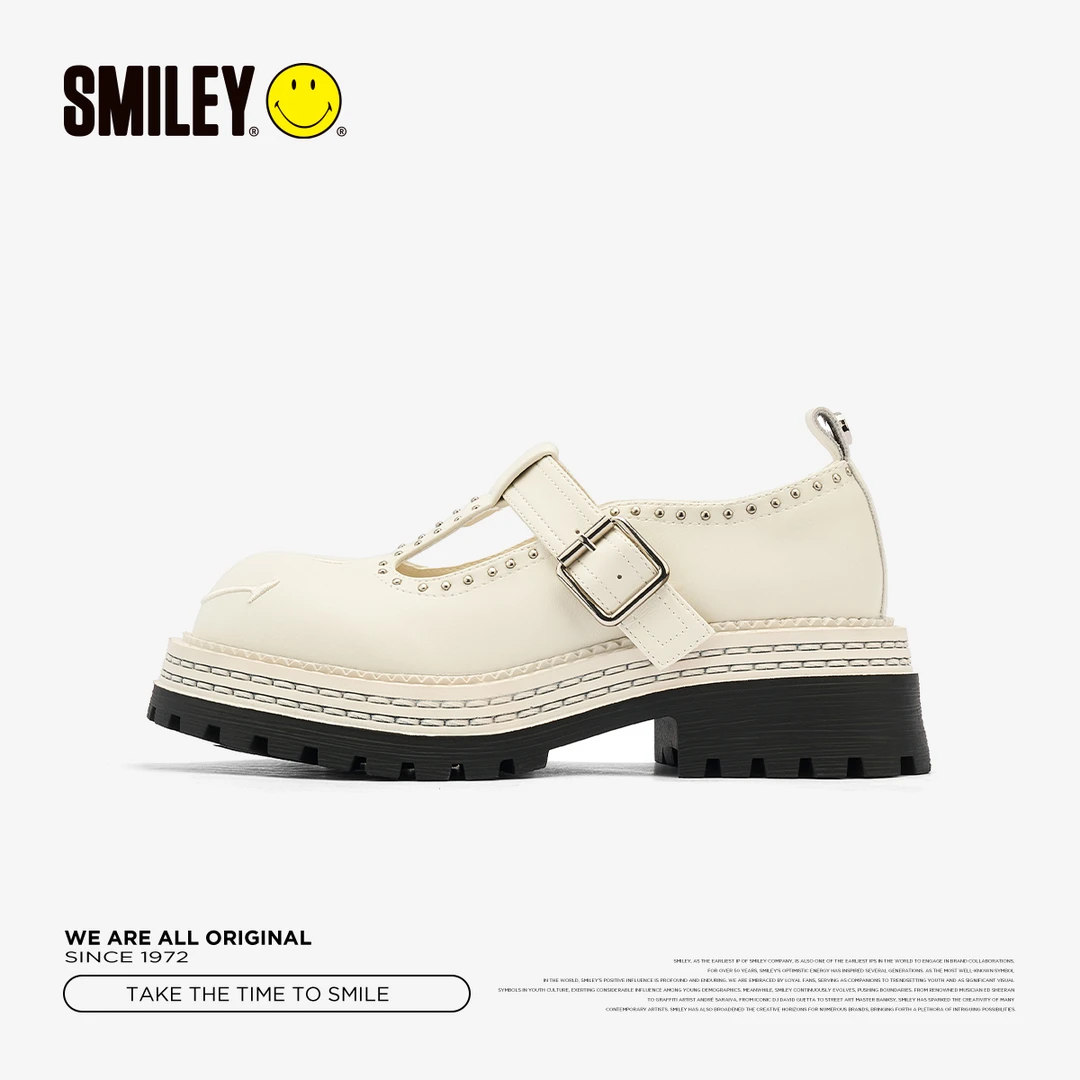 SMILEY笑脸夏季新款可爱方圆头铆钉透气软底休闲增高皮鞋玛丽珍