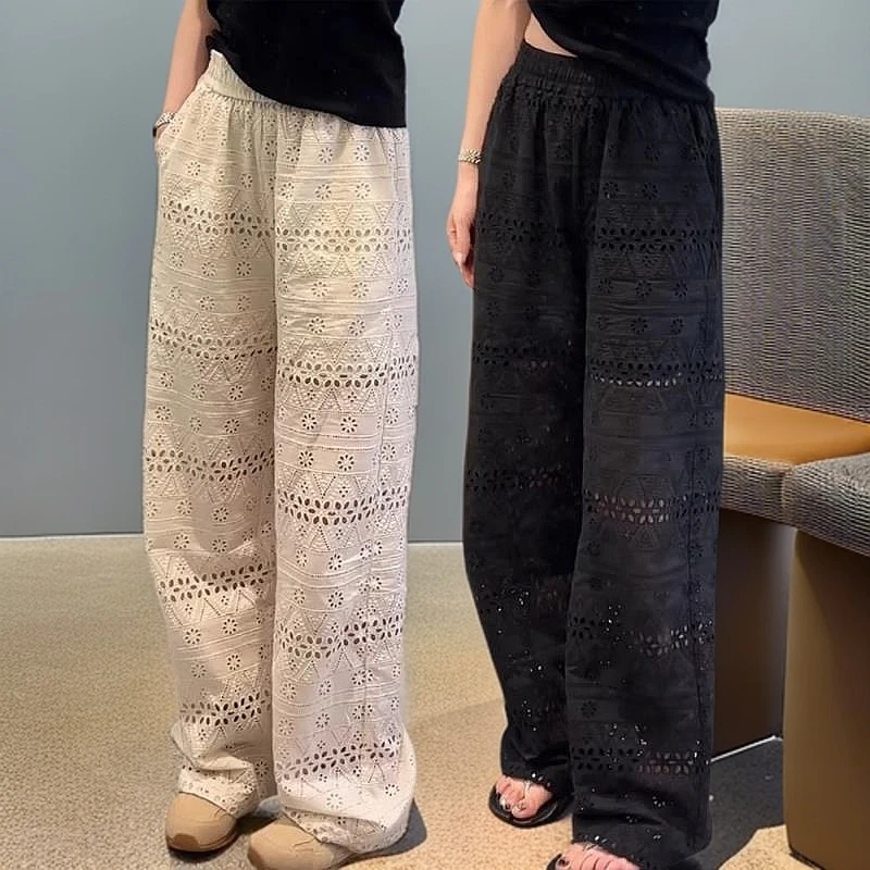 大码夏季薄款高腰蕾丝镂空拖地阔腿裤女胖mm宽松显瘦休闲直筒裤子