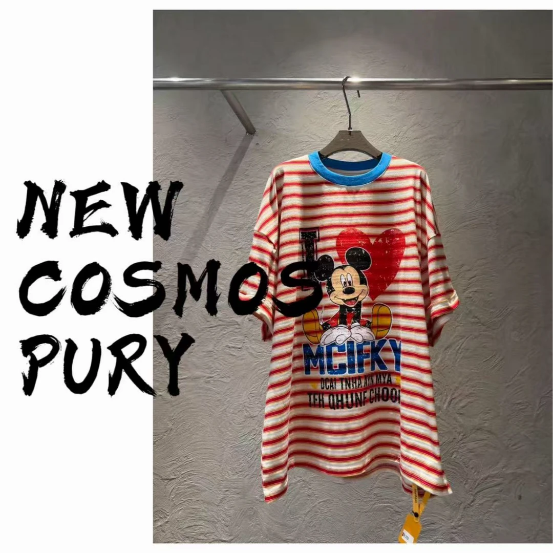 【NEW COSMOS】27231撞色蓝领复古做旧米奇爱心印花宽松短袖T恤
