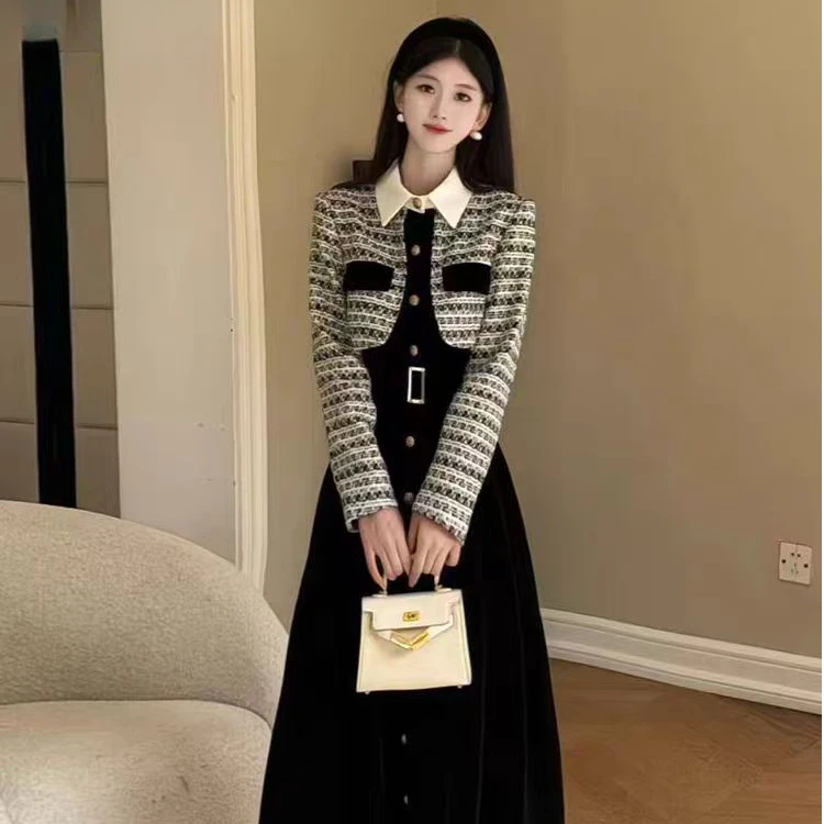 （80-160斤）格子小香风连衣裙新款御姐穿搭巨好看的假两件长裙6001