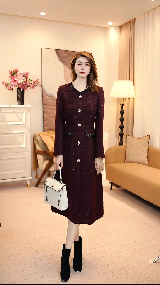 小香风气质时尚轻奢秋冬名媛网红优雅风显瘦毛呢连衣裙 86097