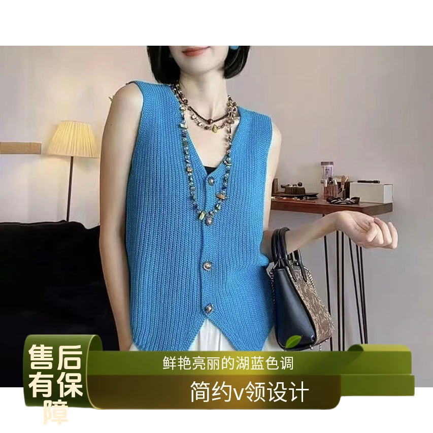 无袖薄款纯色宽松型V领毛针织衫时尚针织衫外穿法式