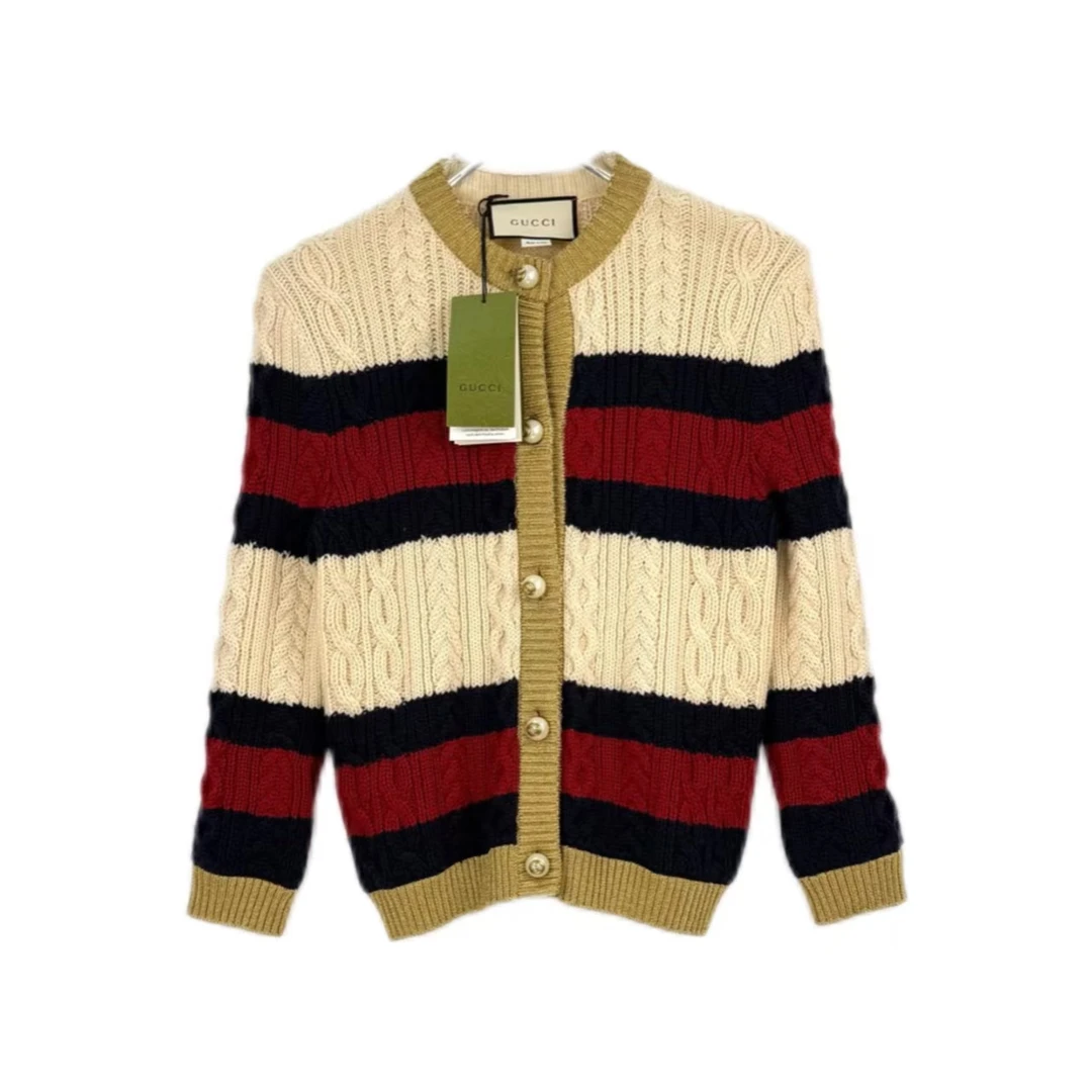 未使用 GUCCI/古驰 汤/P255232440/红白蓝宽条纹竖纹麻花开衫 M