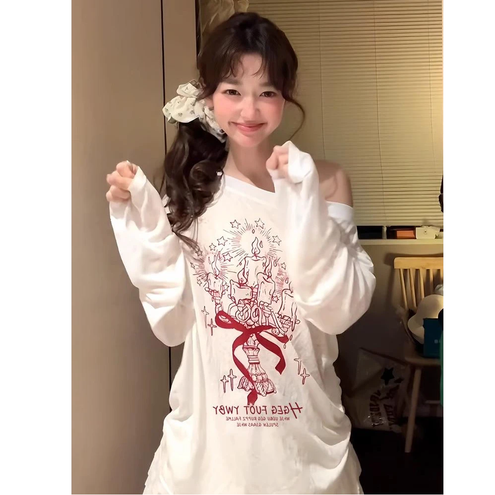 夏季新款百搭长袖t恤女涂鸦斜肩慵懒风防晒罩衫薄款宽松上衣