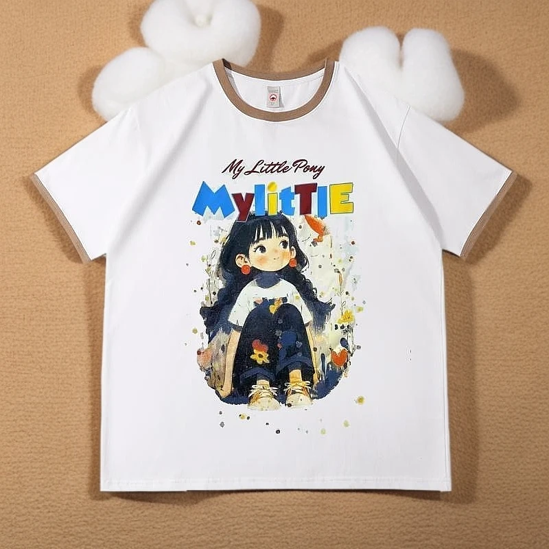 【坐着的小女孩】纯棉均码彩边短袖T恤女2025新款宽松显瘦百搭韩版