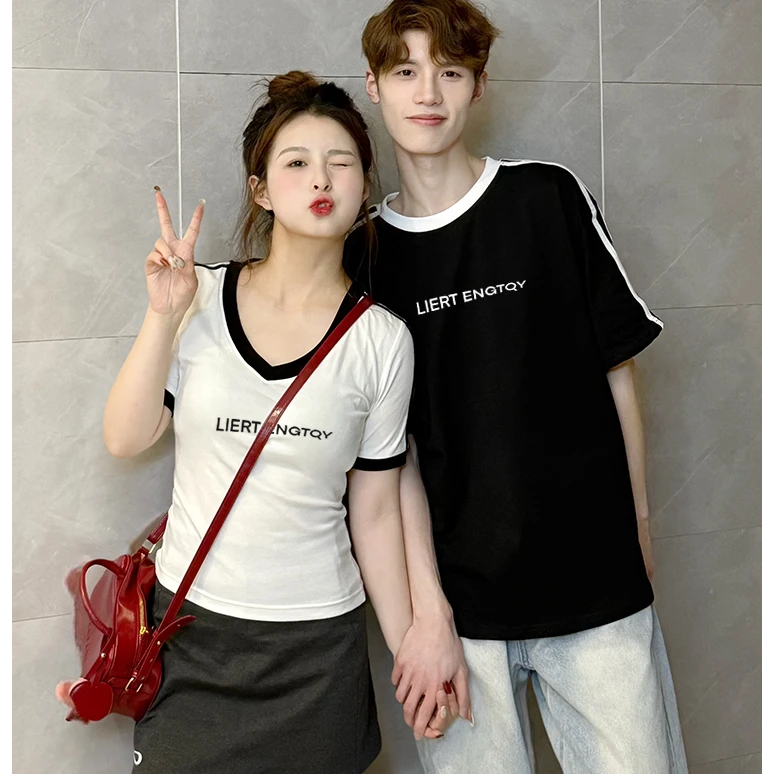 纯欲V领短袖T恤女显瘦新款欧货情侣短袖撞色上衣纯棉半袖体恤