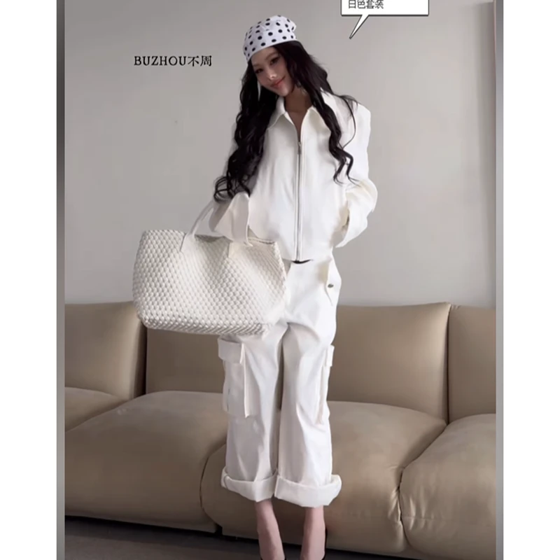 法式小香风时尚长袖设计感拉链宽松短款气质外套宽松直筒工装裤子