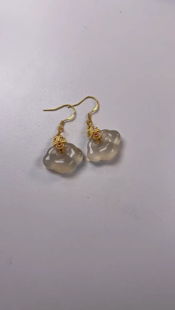 玛瑙/玉髓耳坠银S925镀金镶嵌i**~祥云锁荔枝冻玛瑙耳坠