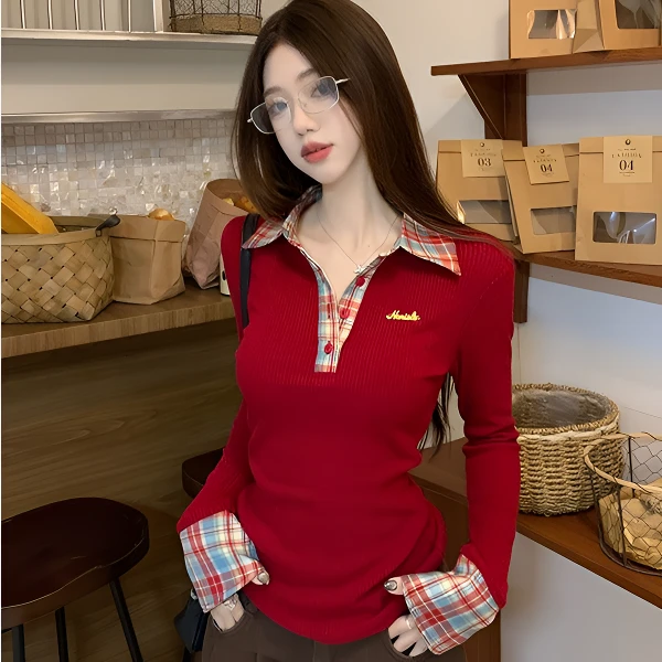 甜辣风氛围感穿搭拼接长袖T恤女春季新款修身内搭打底衫上衣潮