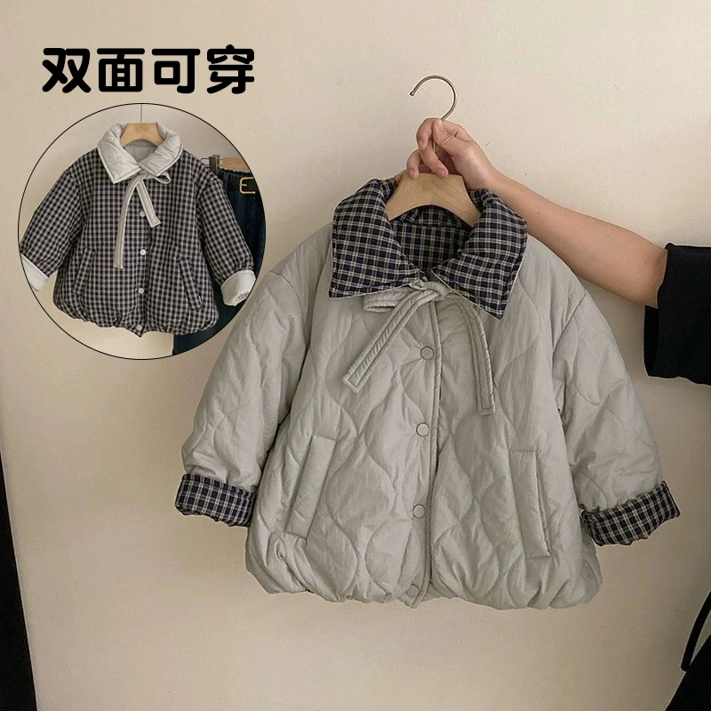 儿童两面穿棉服衣服秋冬款休闲宽松女童加厚格子夹棉外套洋气童装